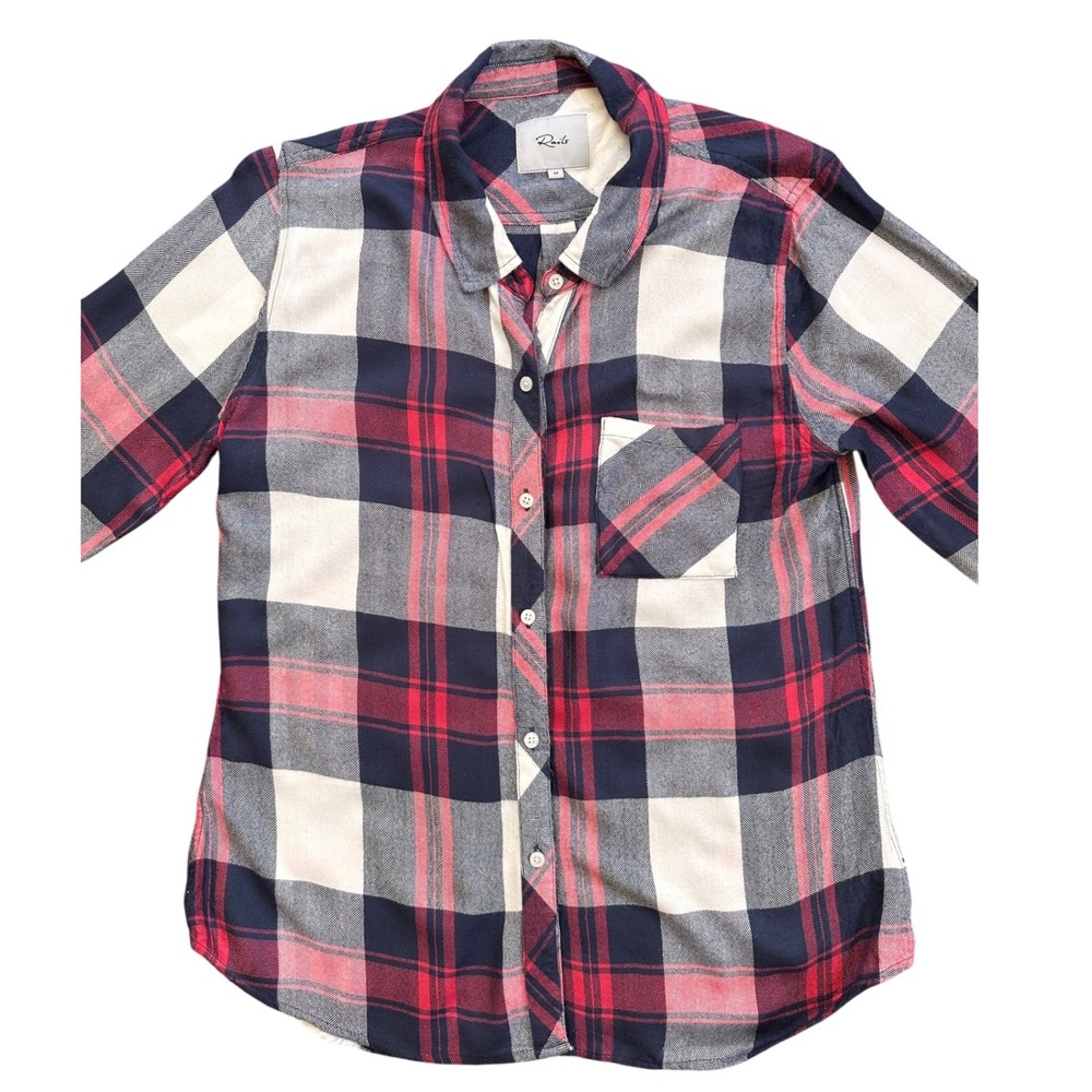 Rails Hunter Plaid Shirt Wmns Medium White Indigo Blush Excellent Rayon Flannel